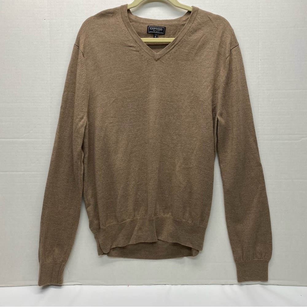 Express Mens Merino Wool XL Tan Sweater V Neck Pullover Modern Fit Grandpa